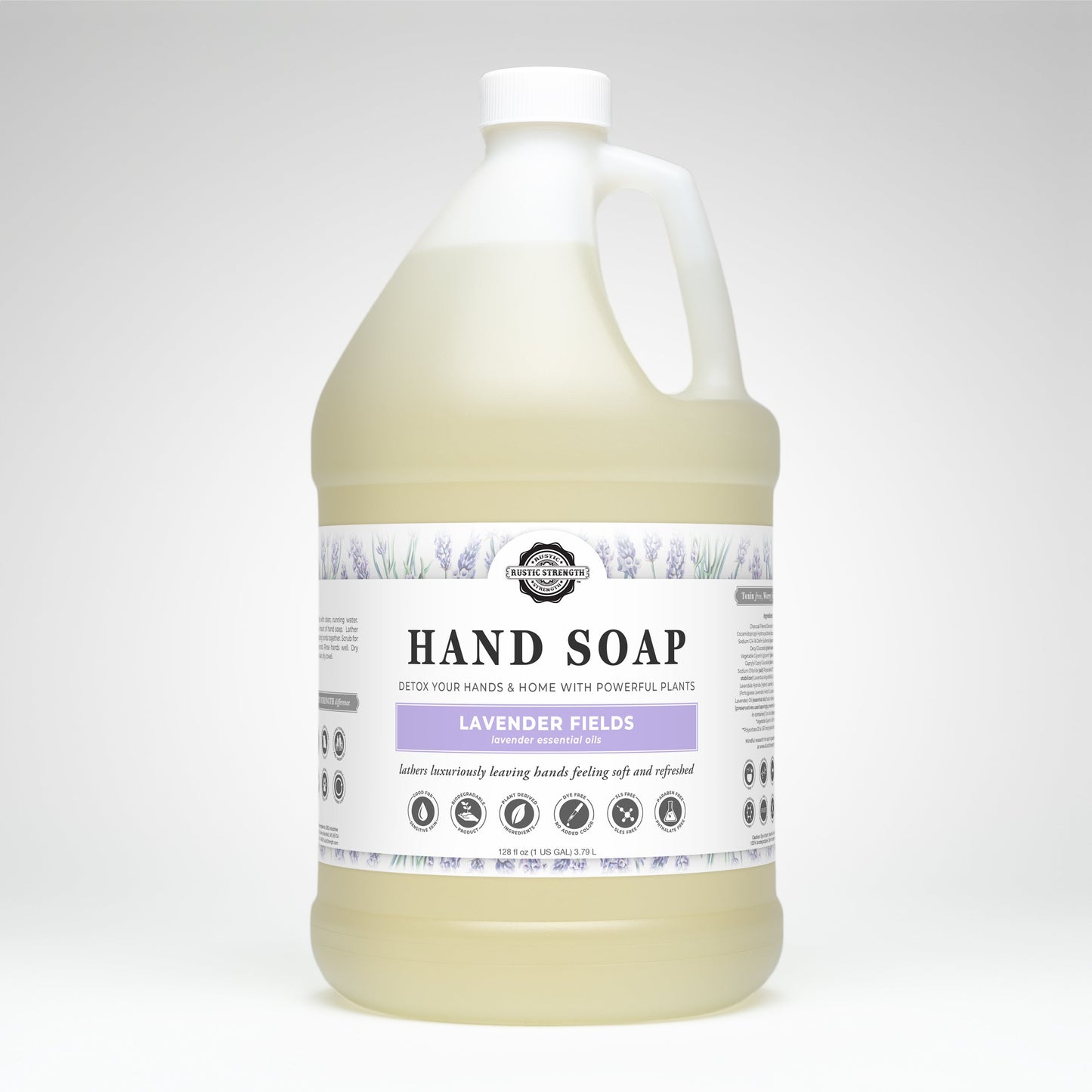 Gallon jug of hand soap labeled 'Lavender Fields' on a white background