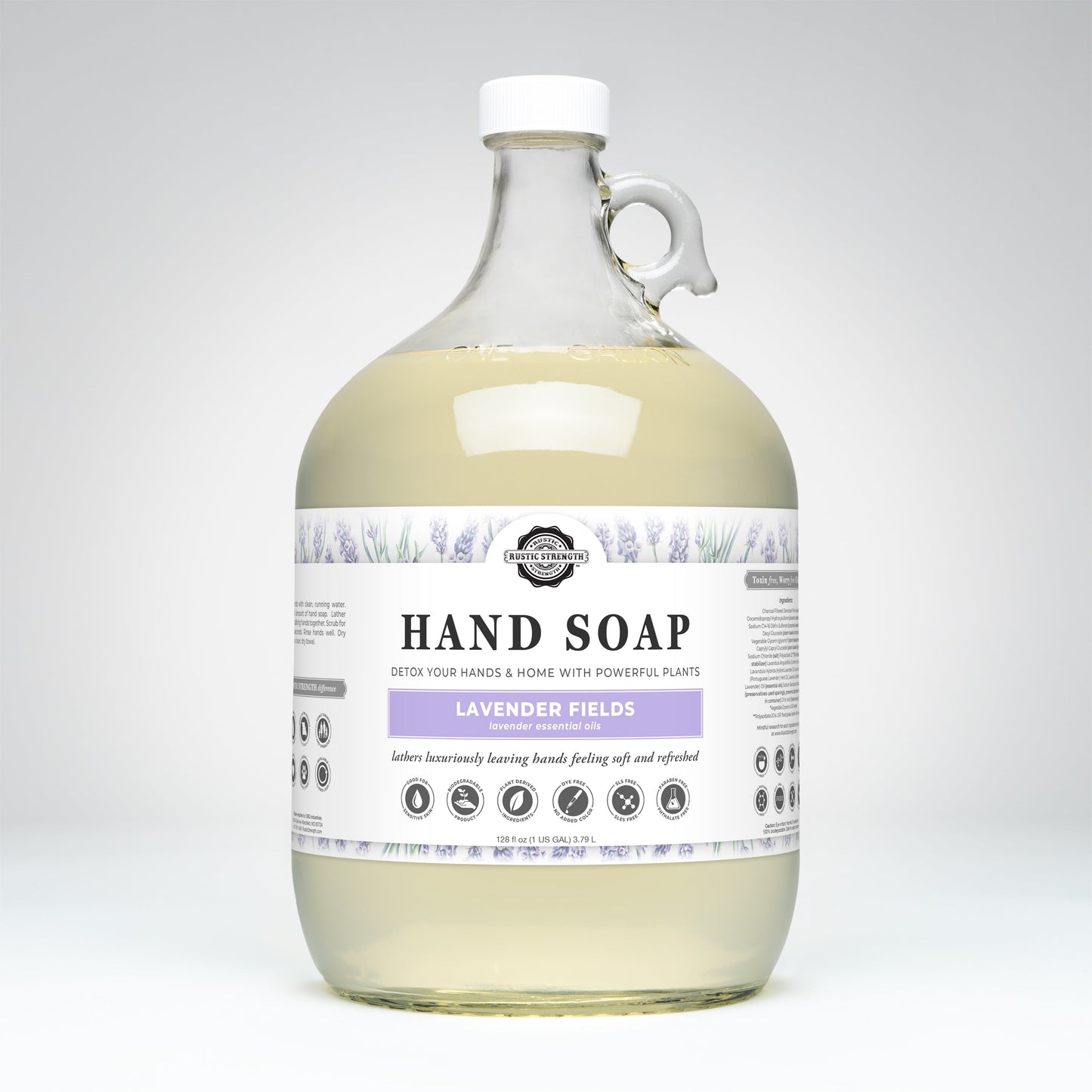 Gallon glass bottle of Rustic Strength Liquid Hand Soap on a white background