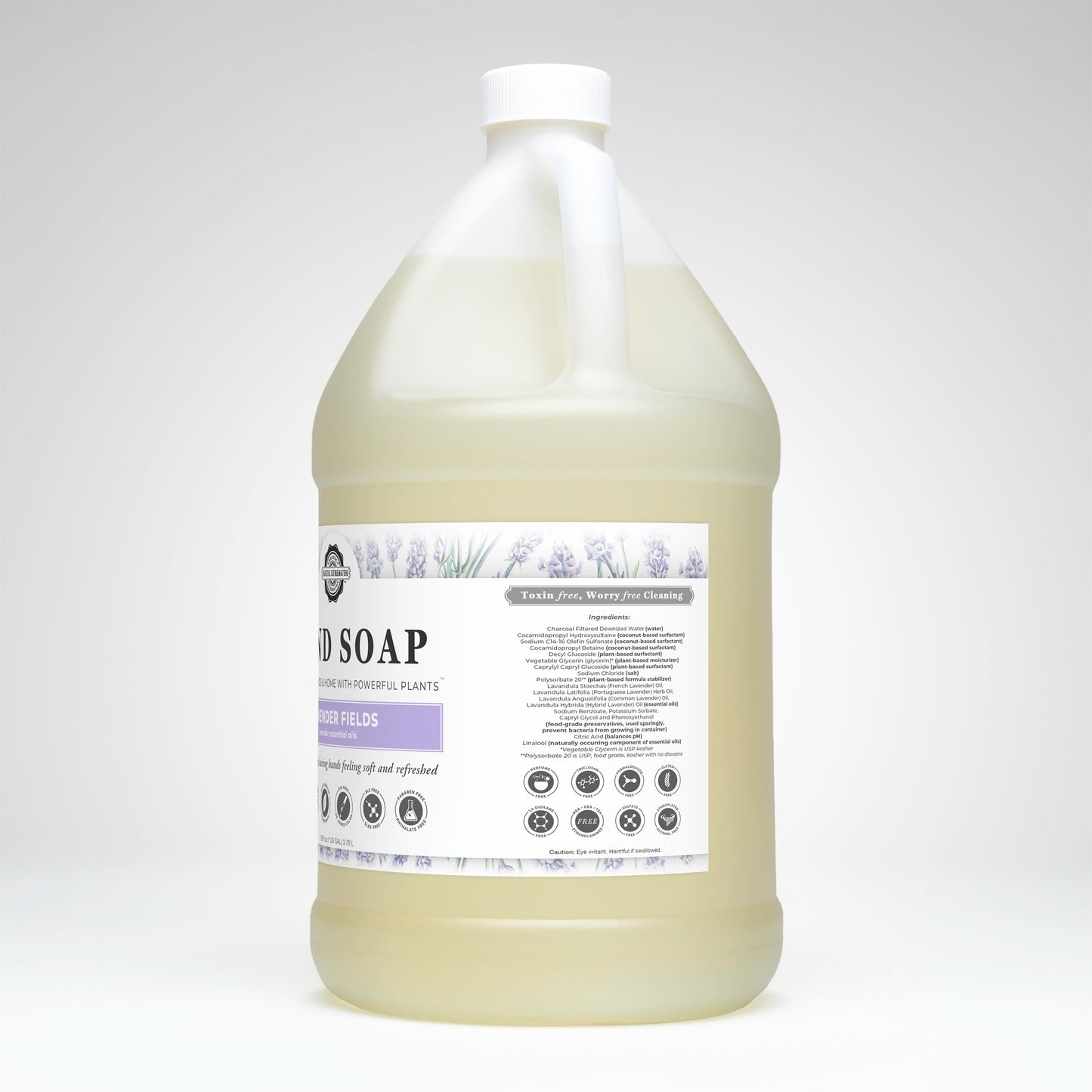 Gallon bottle of Rustic Strength Lavender Fields Liquid Hand Soap with a label on a white background