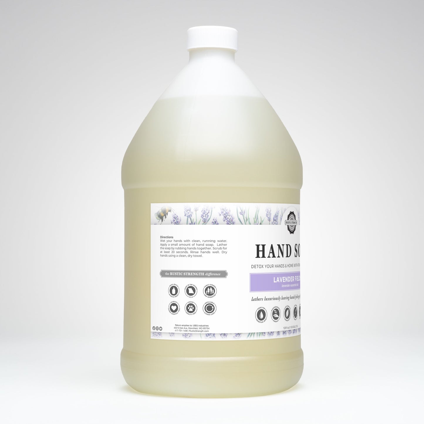 Gallon bottle of Rustic Strength Lavender Fields Hand Soap on a white background