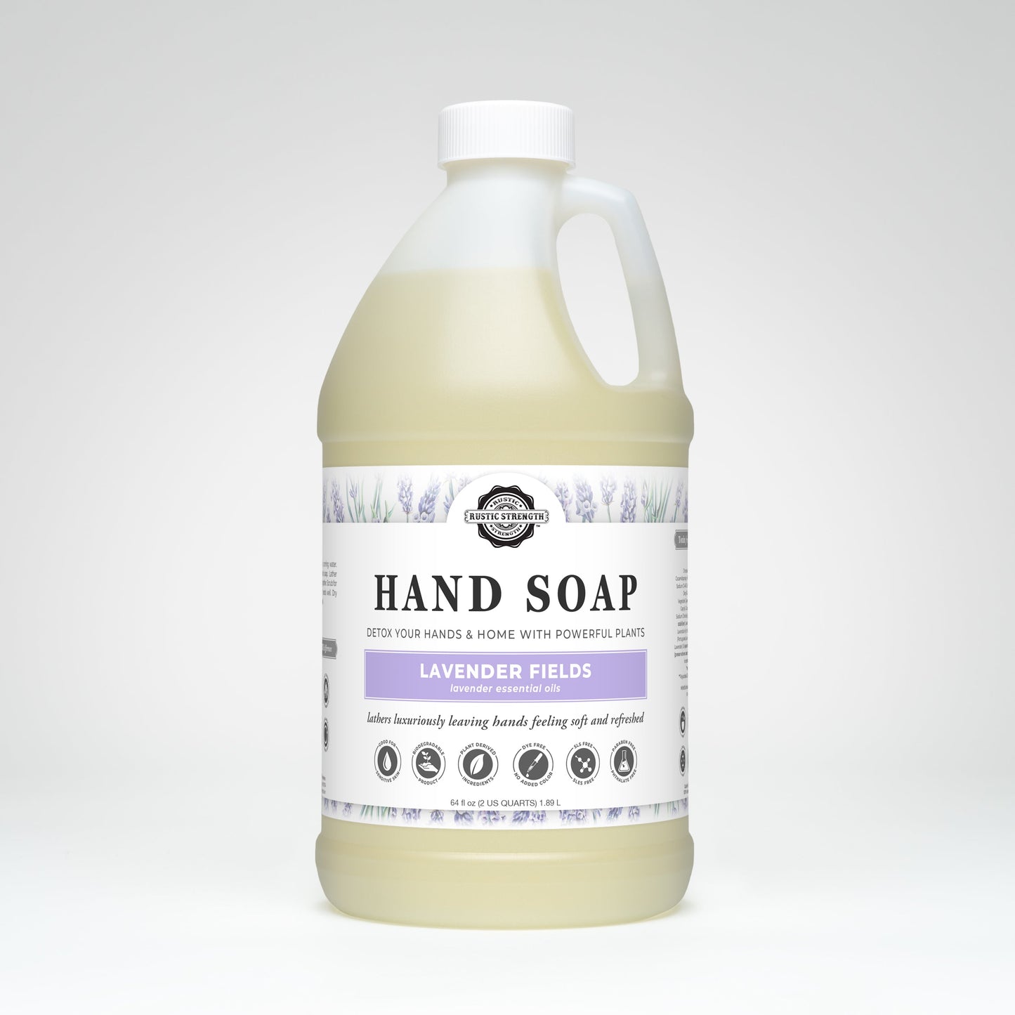 Half gallon bottle of Rustic Strength Lavender Fields hand soap on a white background.