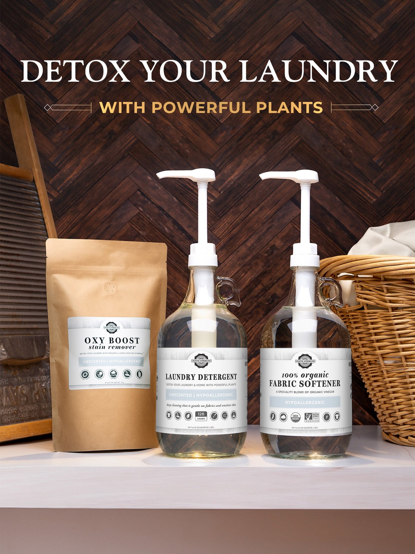 Two bottles of laundry detergent and fabric softener with a bag labeled 'Oxy Boost' on a wooden surface.