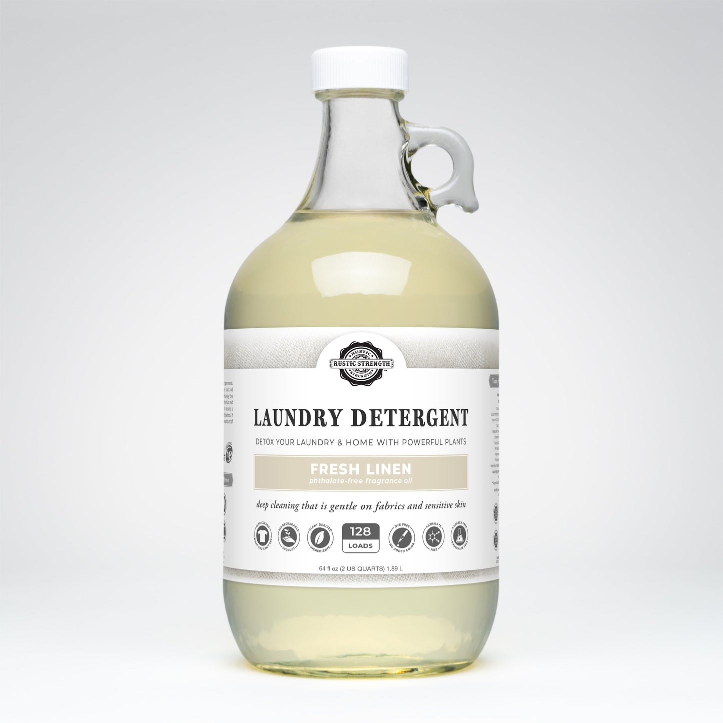 Half gallon bottle of Rustic Strength Liquid Laundry Detergent Fresh Linen scented with a label on a white background
