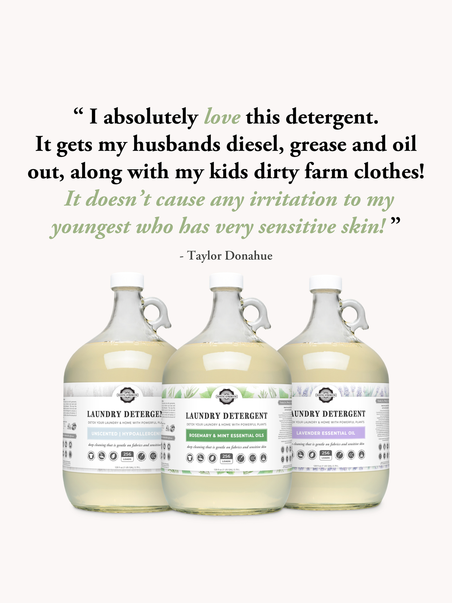 Three bottles of laundry detergent with a customer review on a white background