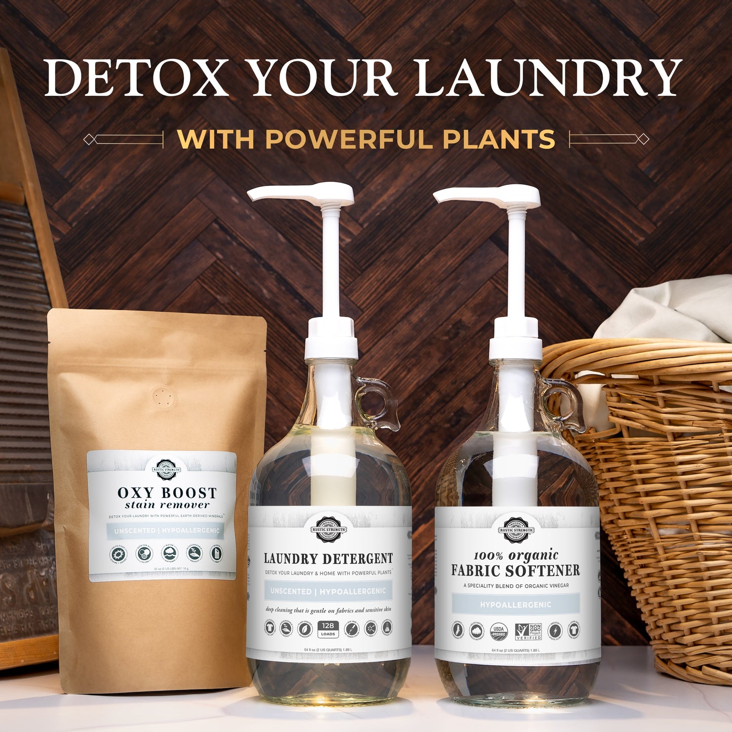 Three laundry products with packaging labeled 'Oxy Boost', 'Laundry Detergent', and 'Fabric Softener' on a wooden surface.