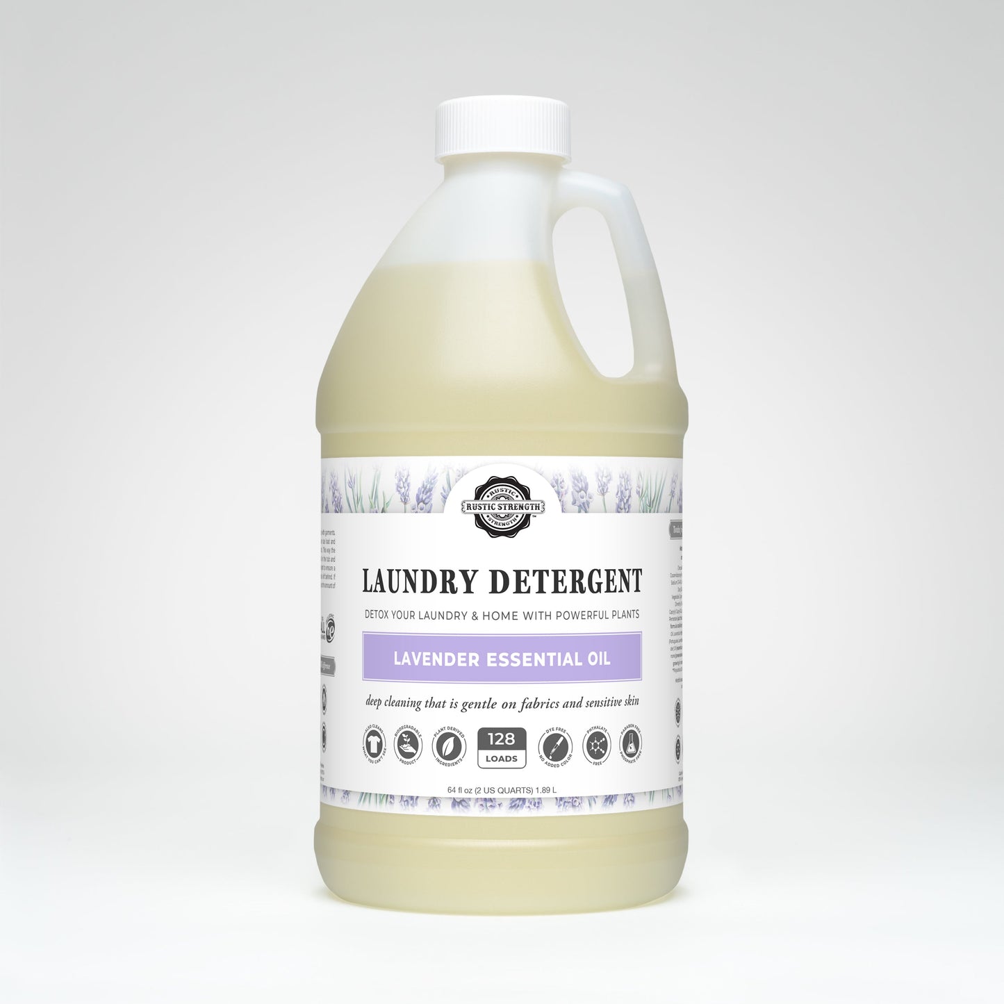 Plastic half gallon bottle of laundry detergent with lavender essential oil on a white background
