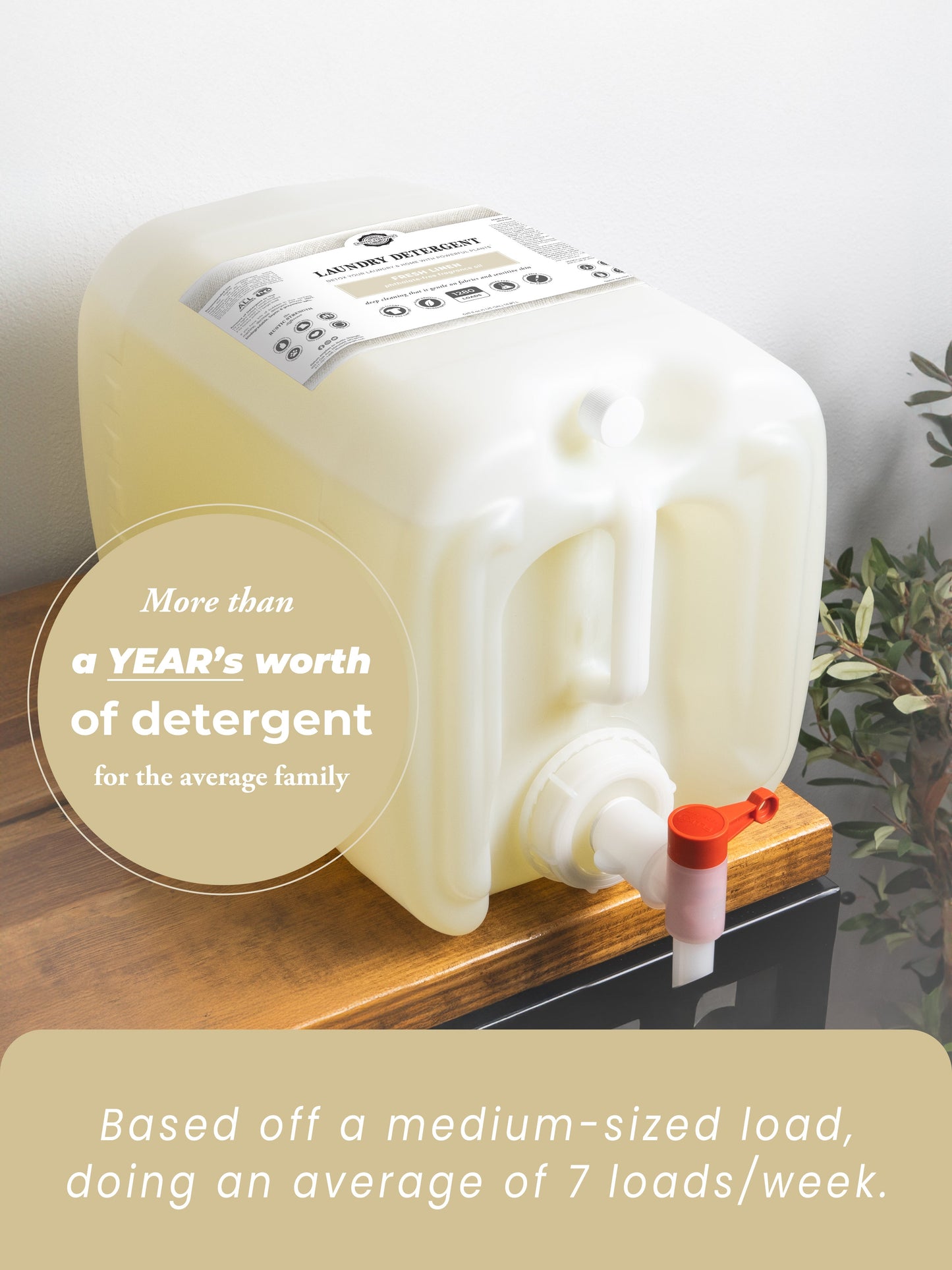 5 gallon container of Rustic Strength Liquid Laundry Detergent Fresh Linen Scent with a pump on a wooden surface, labeled with detergent information.
