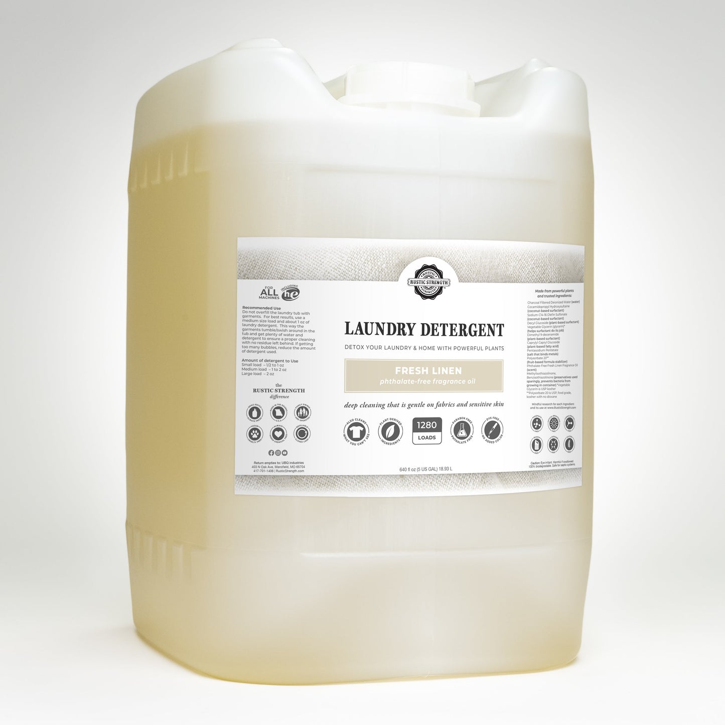 5 gallon container of Rustic Strength Liquid Laundry Detergent Fresh Linen Scent with a label on a white background