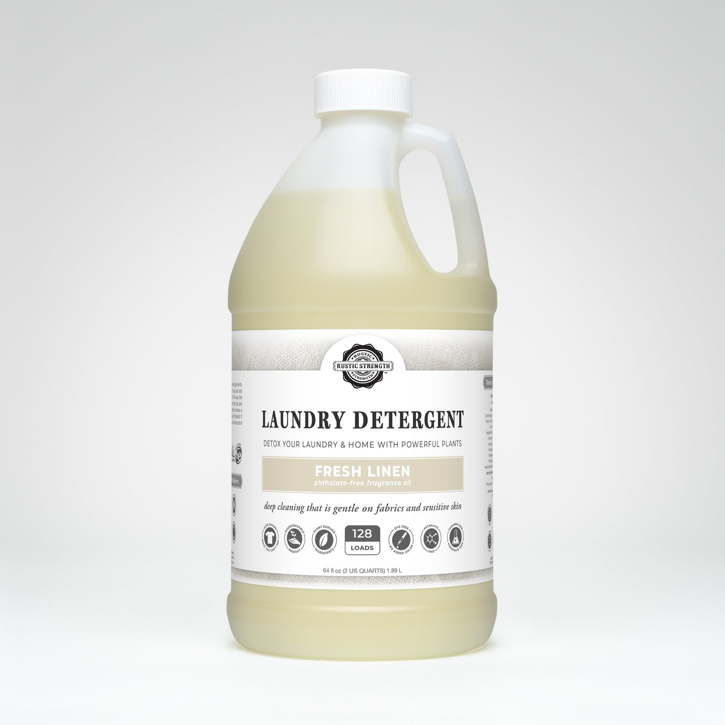 Gallon bottle of laundry detergent with a label on a white background