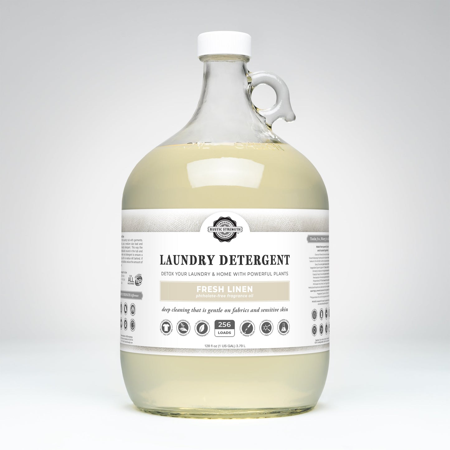 Gallon bottle of Rustic Strength Liquid Laundry Detergent Fresh Linen Scent with a label on a white background