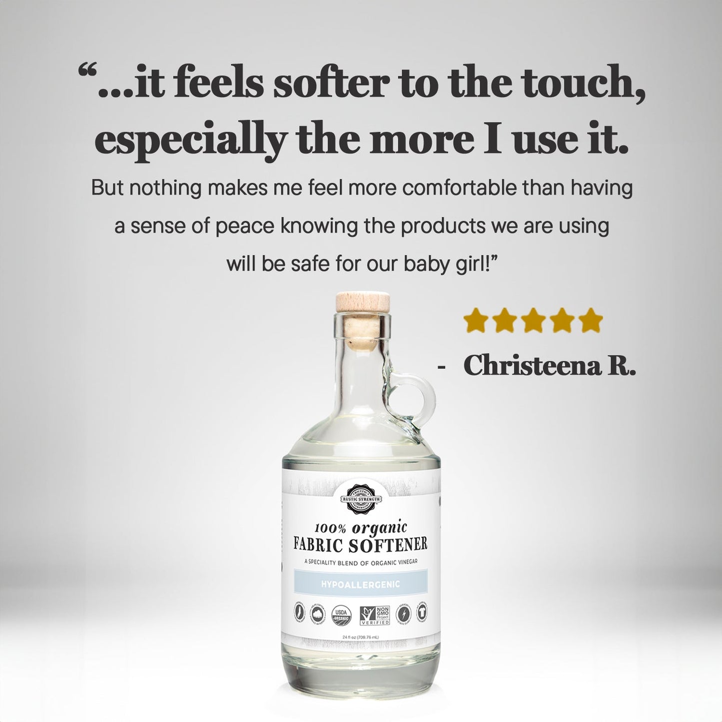 Bottle of fabric softener with a five-star rating and review quote on a gray background