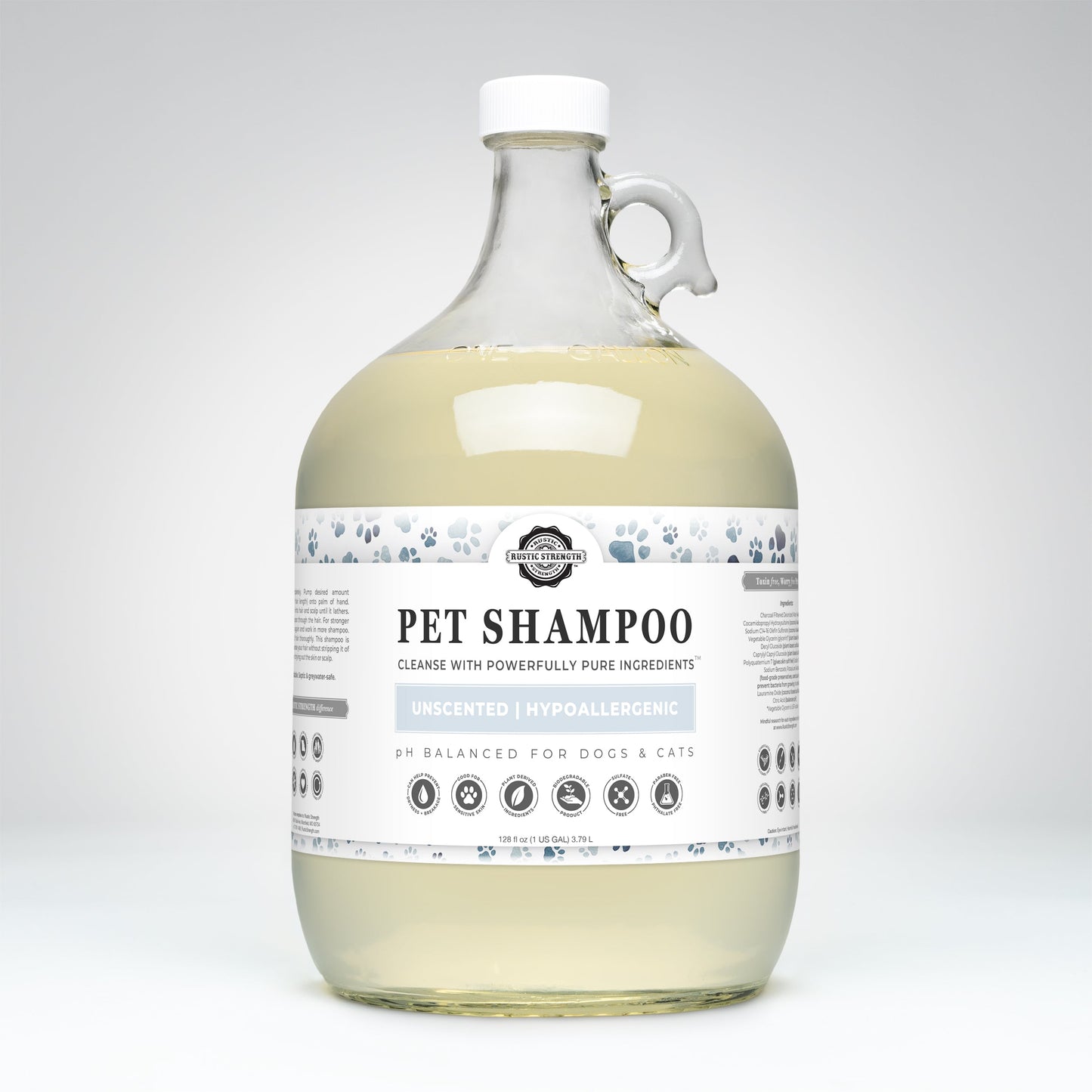 Gallon glass bottle of pet shampoo with a label on a white background