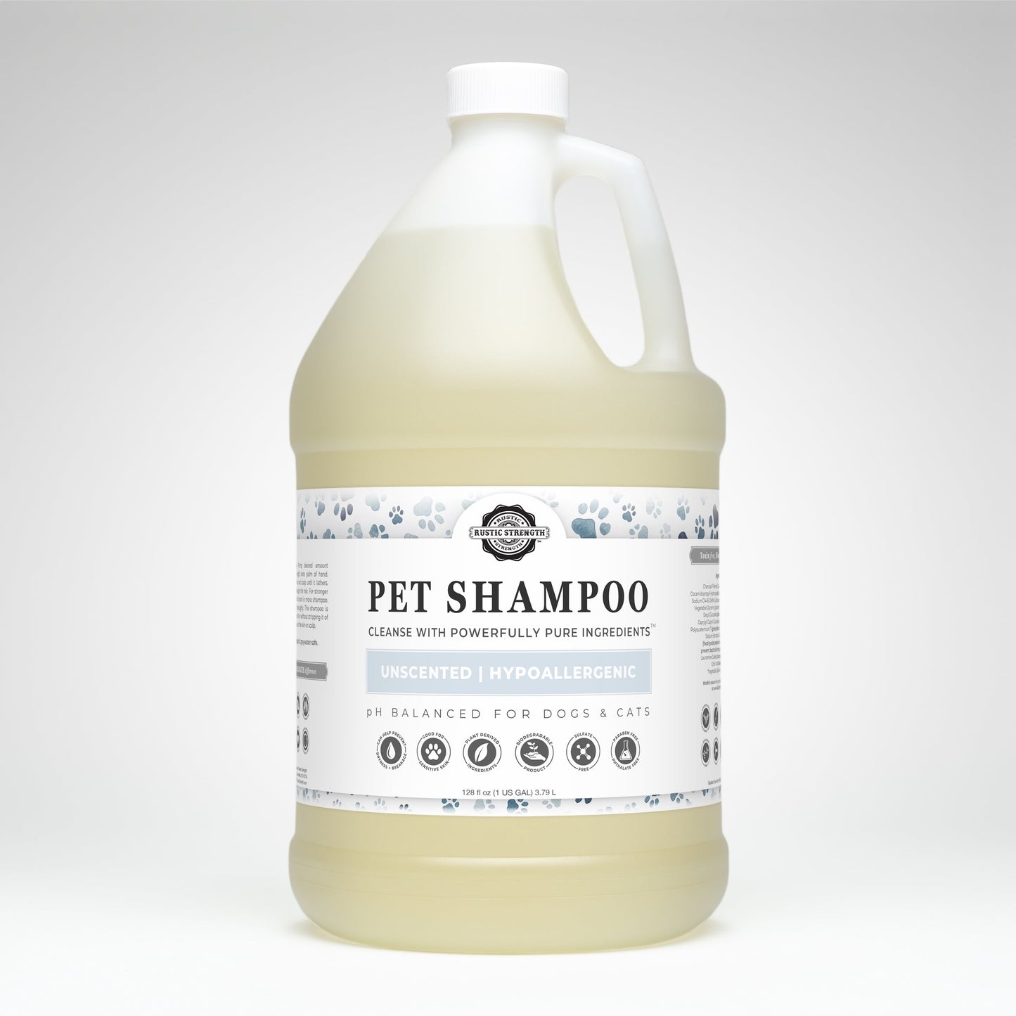 Gallon bottle of pet shampoo with a label on a white background