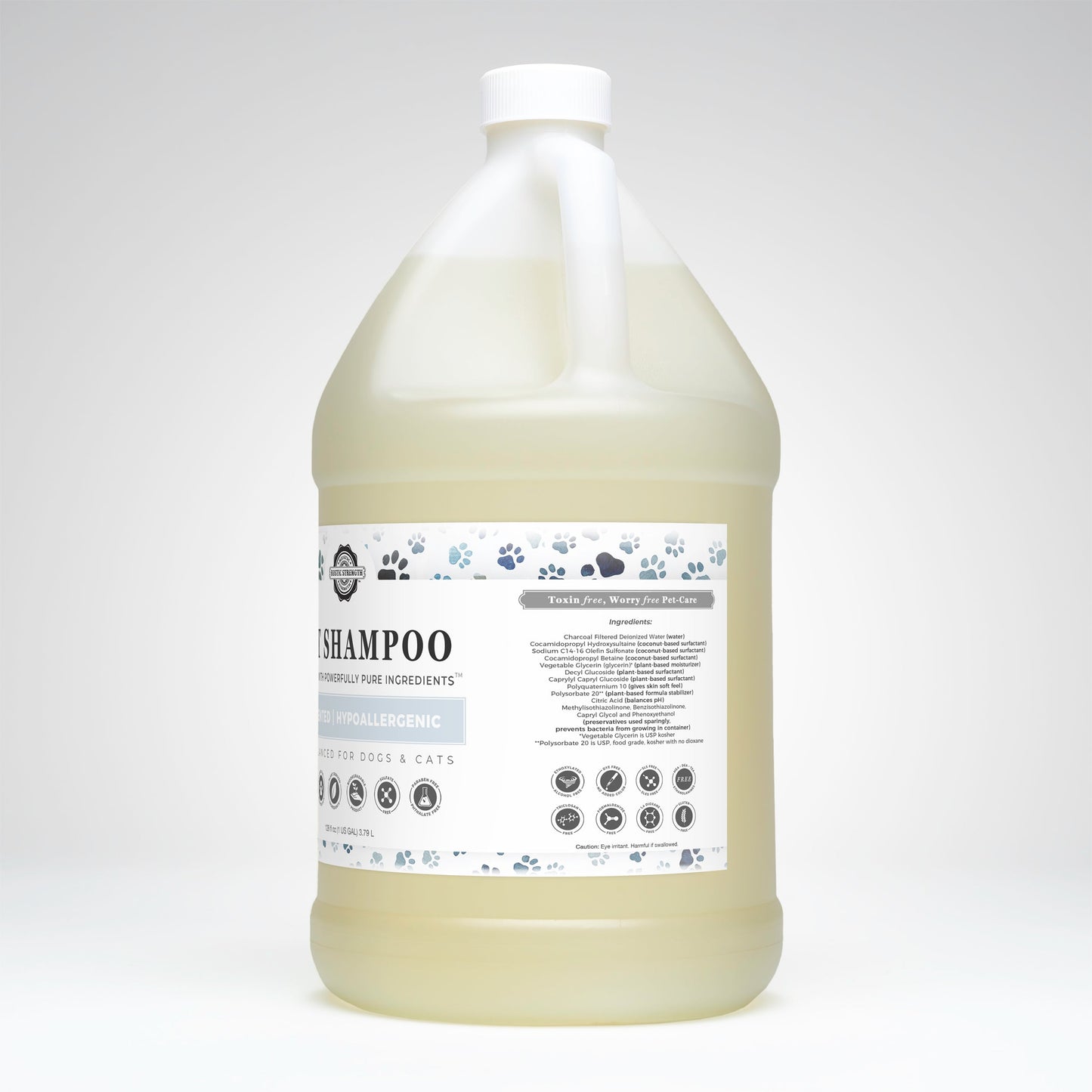 Gallon bottle of dog shampoo with a label on a white background
