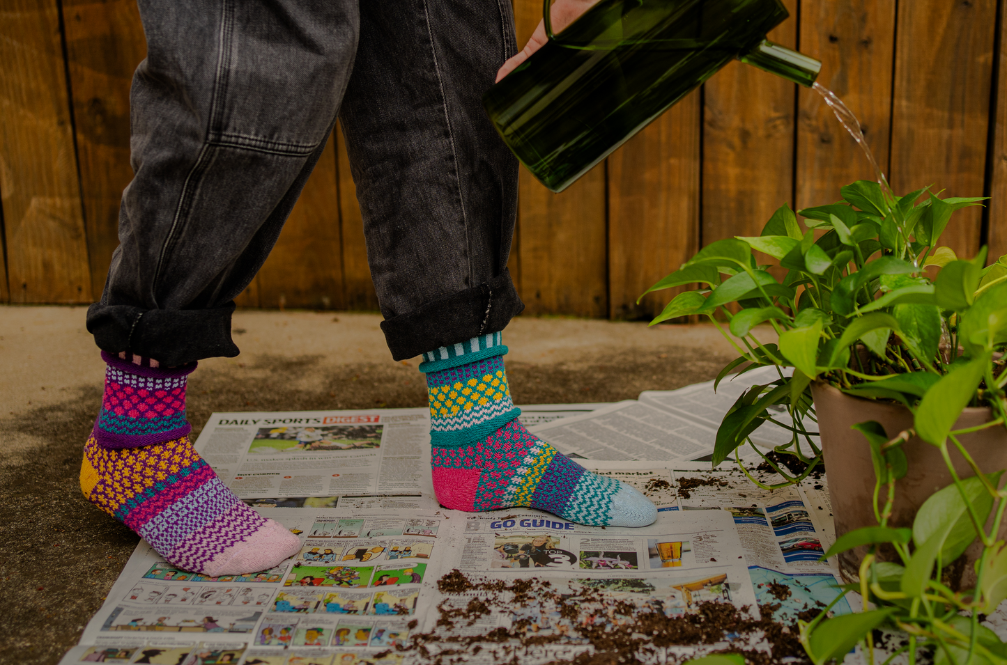 Person watering a plant with Solmate Petunia Crew Socks on, standing on newspaper outdoors.