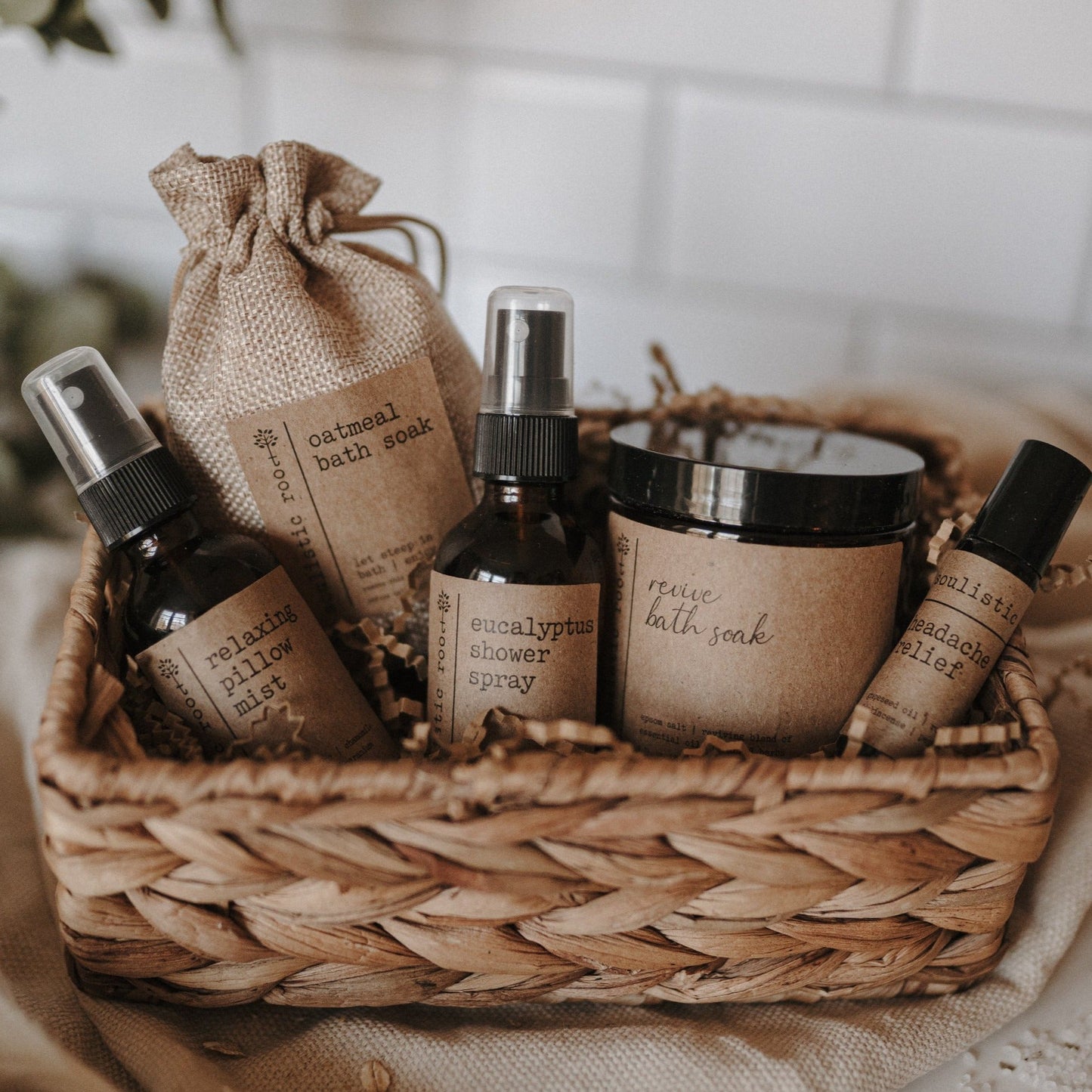 Soulistic Root Spa Day Gift Set in basket, including 5 unique products
