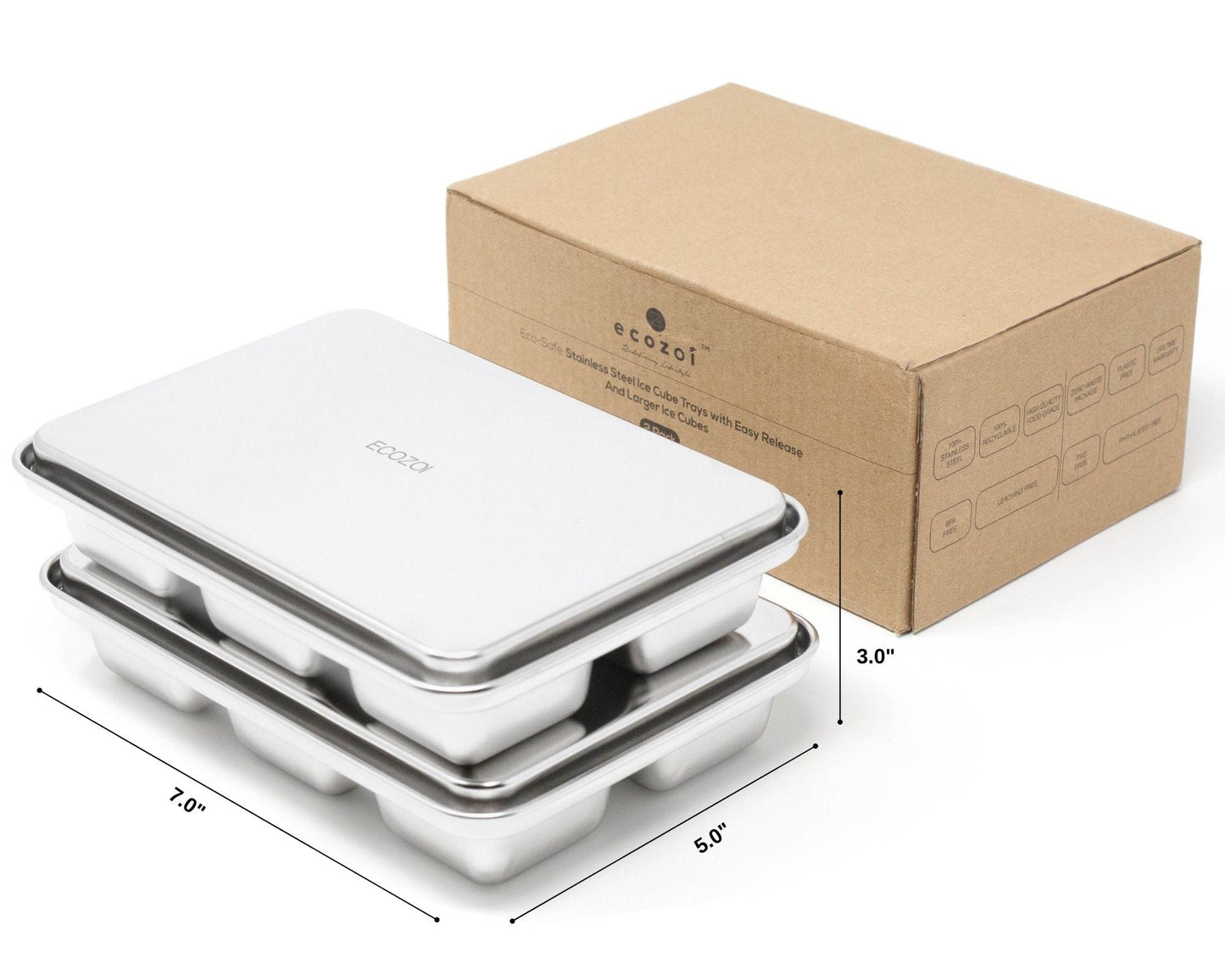 Dimensions for set of stainless steel ice cube trays with lids and ecozoi packaging on a white background