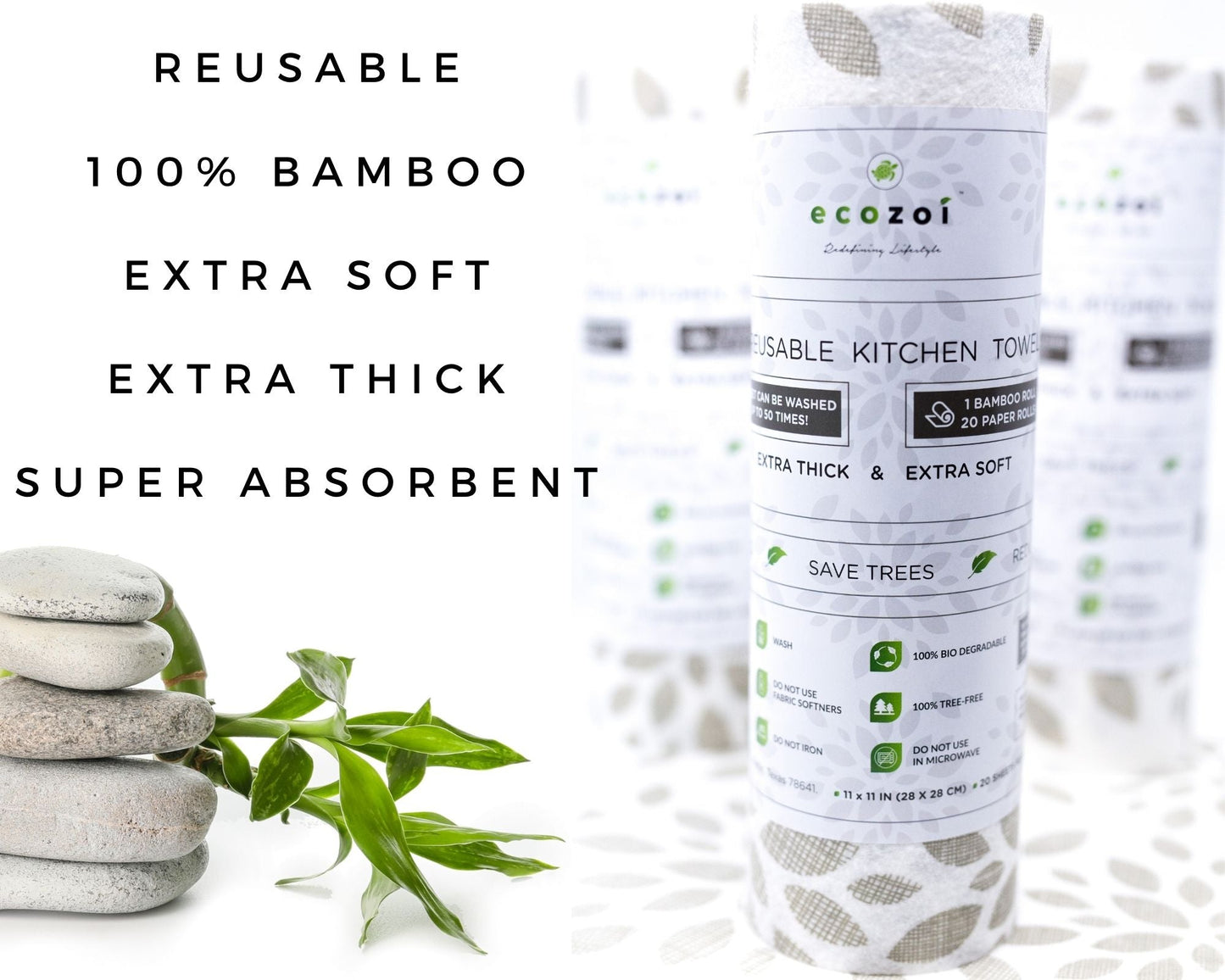 Ecozoi reusable kitchen towel packaging with text highlighting features on a white background.