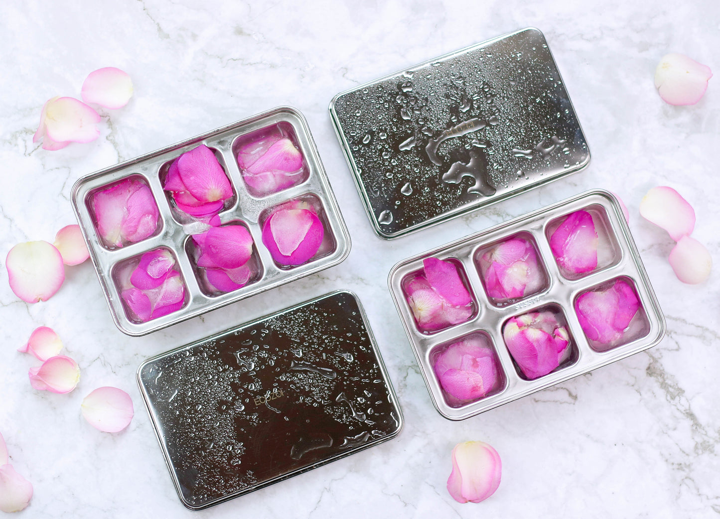 Eco-friendly stainless steel ice cube trays with lids, holding pink flower petals on a light surface with scattered petals.