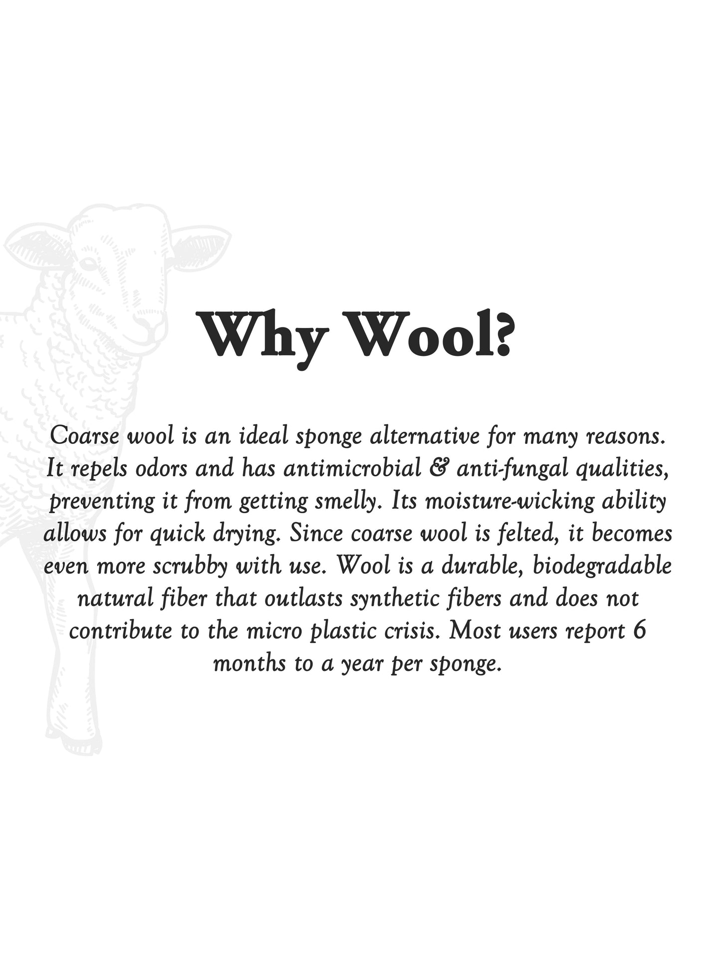 Text explaining the benefits of using wool as a sponge alternative on a white background