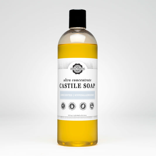 Bottle of Ultra Concentrate Castile soap with a label on a white background