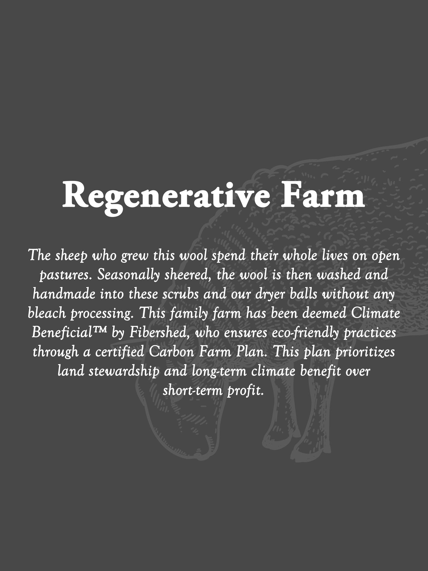 Text about a regenerative farm and sheep on a dark background