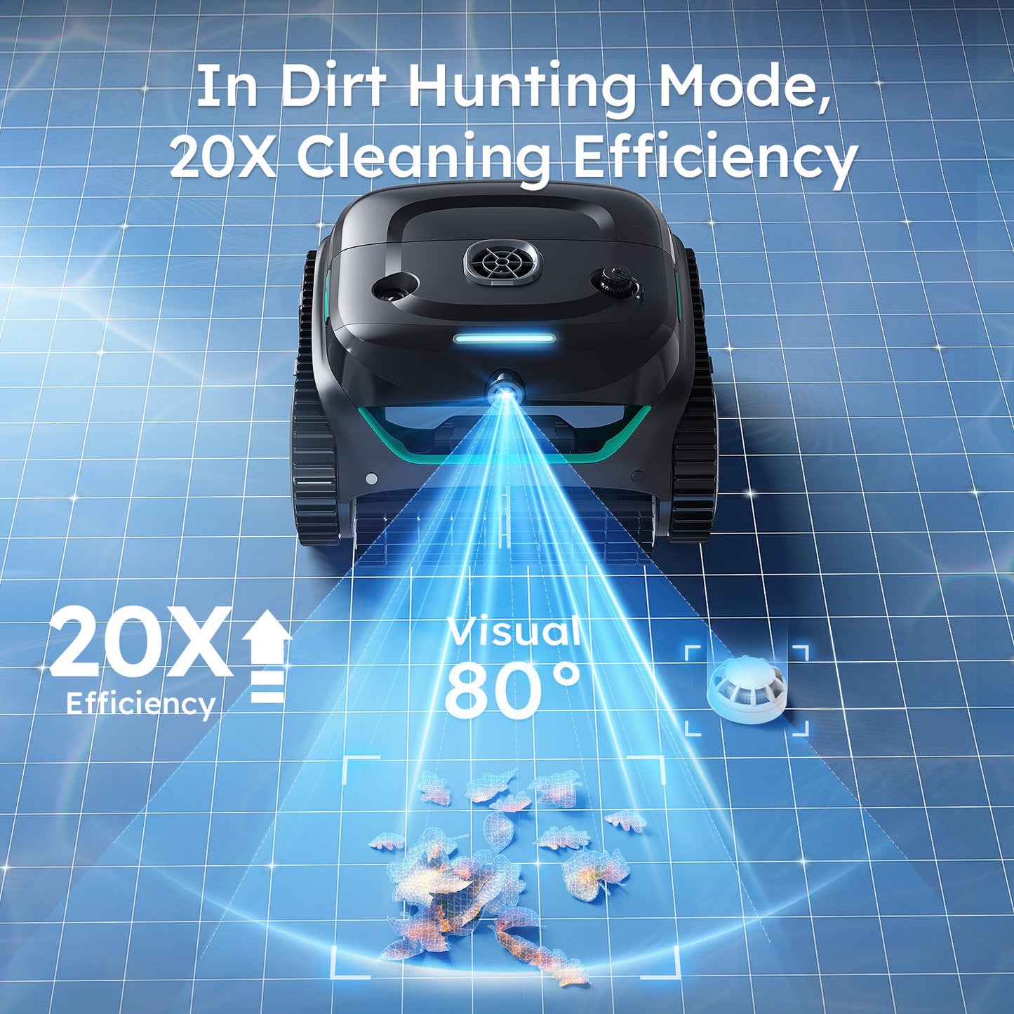 WYBOT C2 Vision Cordless Robotic pool cleaner with cleaning efficiency features on a blue grid background