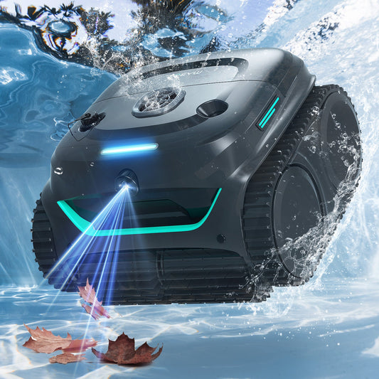 WYBOT C2 Vision Cordless Robotic Pool Cleaner in action with water splashes and leaves on a blue background with lights
