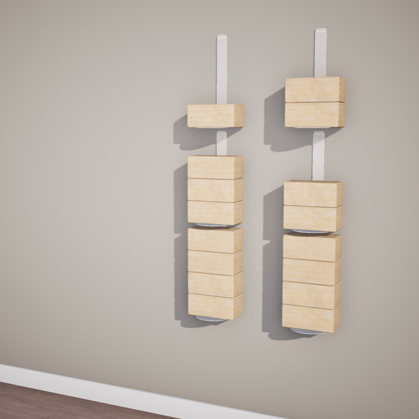 Modern wall-mounted yoga blocks shelving with wooden yoga blocks on a plain wall in a yoga studio