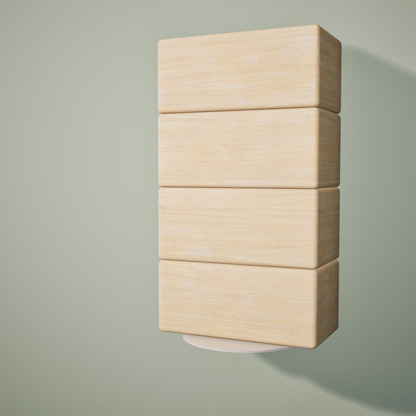 Four wooden yoga blocks wall-mounted on a white yoga block shelf, on a light green background