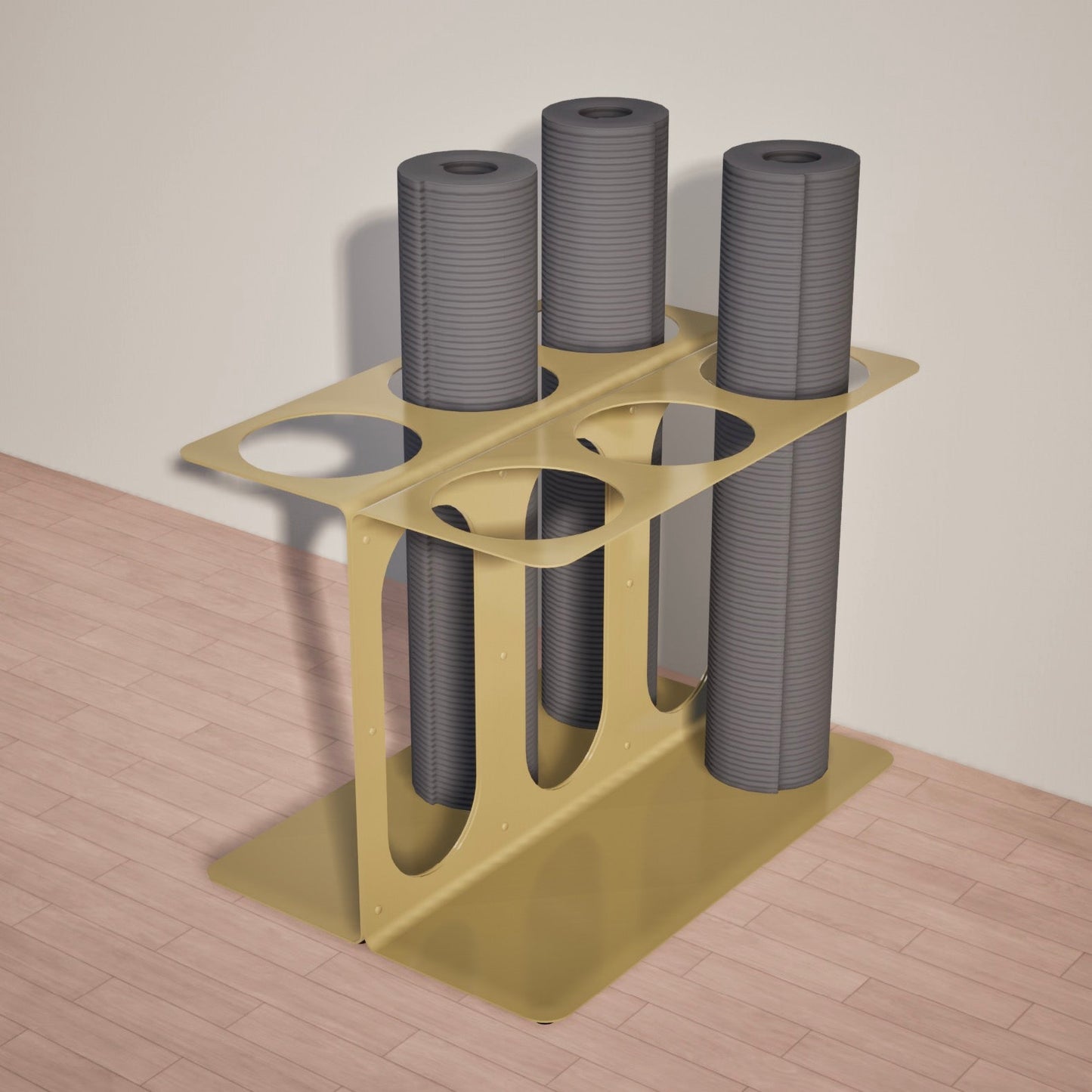Yellow Yoke yoga mat stand holding three of six mats on a wooden floor and beige wall background