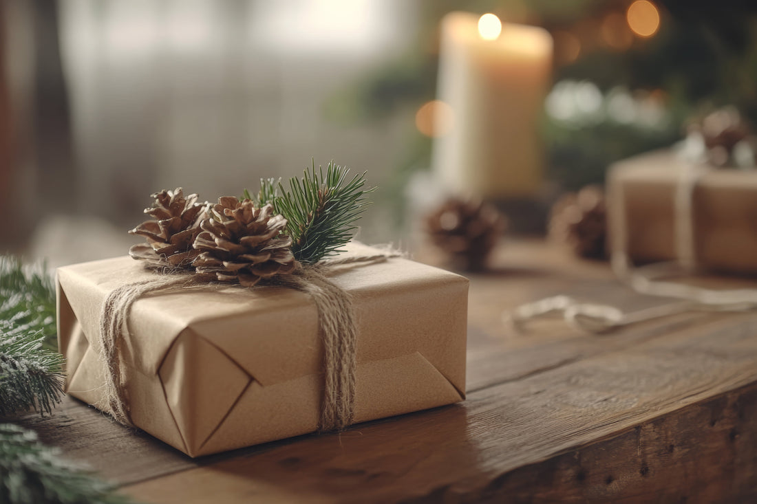 Earthinary | Sustainability Starters: Sustainable Gifting Starts Now: Your Eco-Friendly Guide to the Holidays. Photo depicting Holiday gift wrapped in eco-friendly kraft paper with pine cones and a lit candle in the background on a wooden desk.