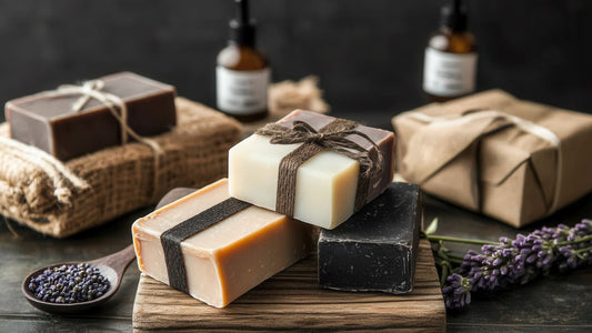 Bars of plastic free soap with paper packaging and biodegradable ribbons.