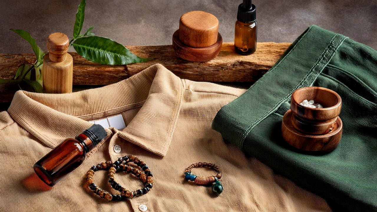 Zero-waste all-natural skin care products, beaded bracelets made by women, and assorted eco-conscious apparel.