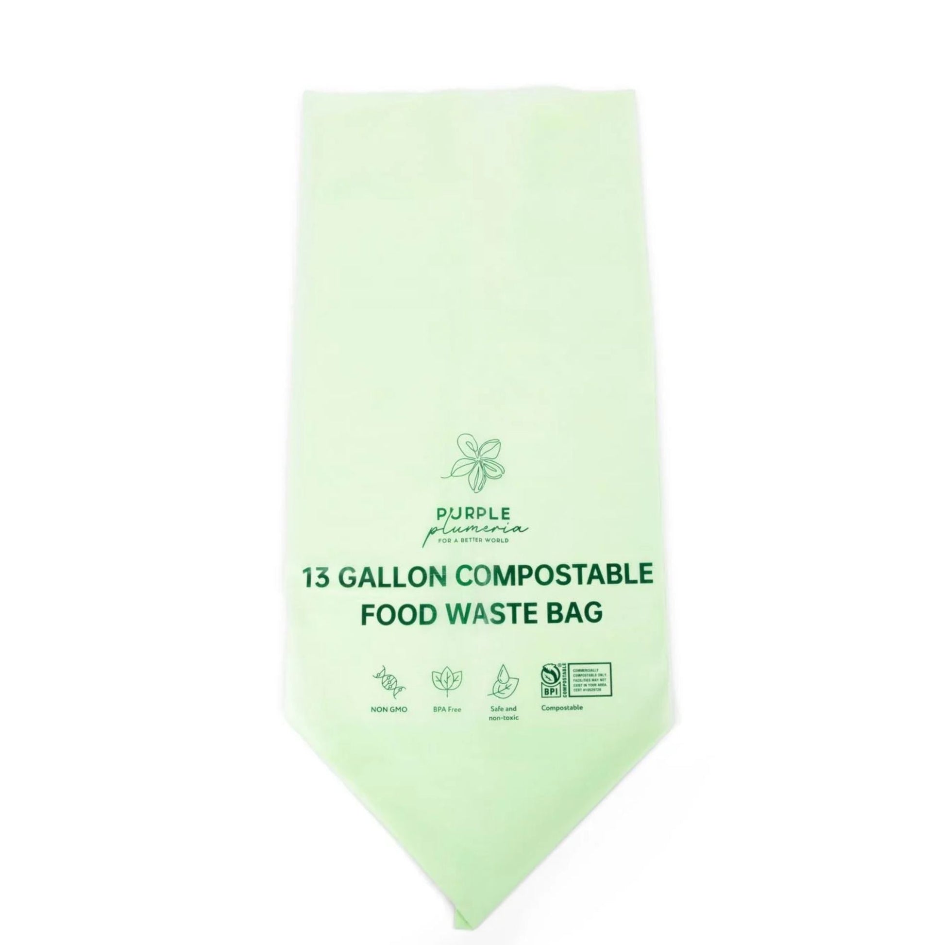 Green compostable food waste bag with 'Purple Plumeria' branding on a white background