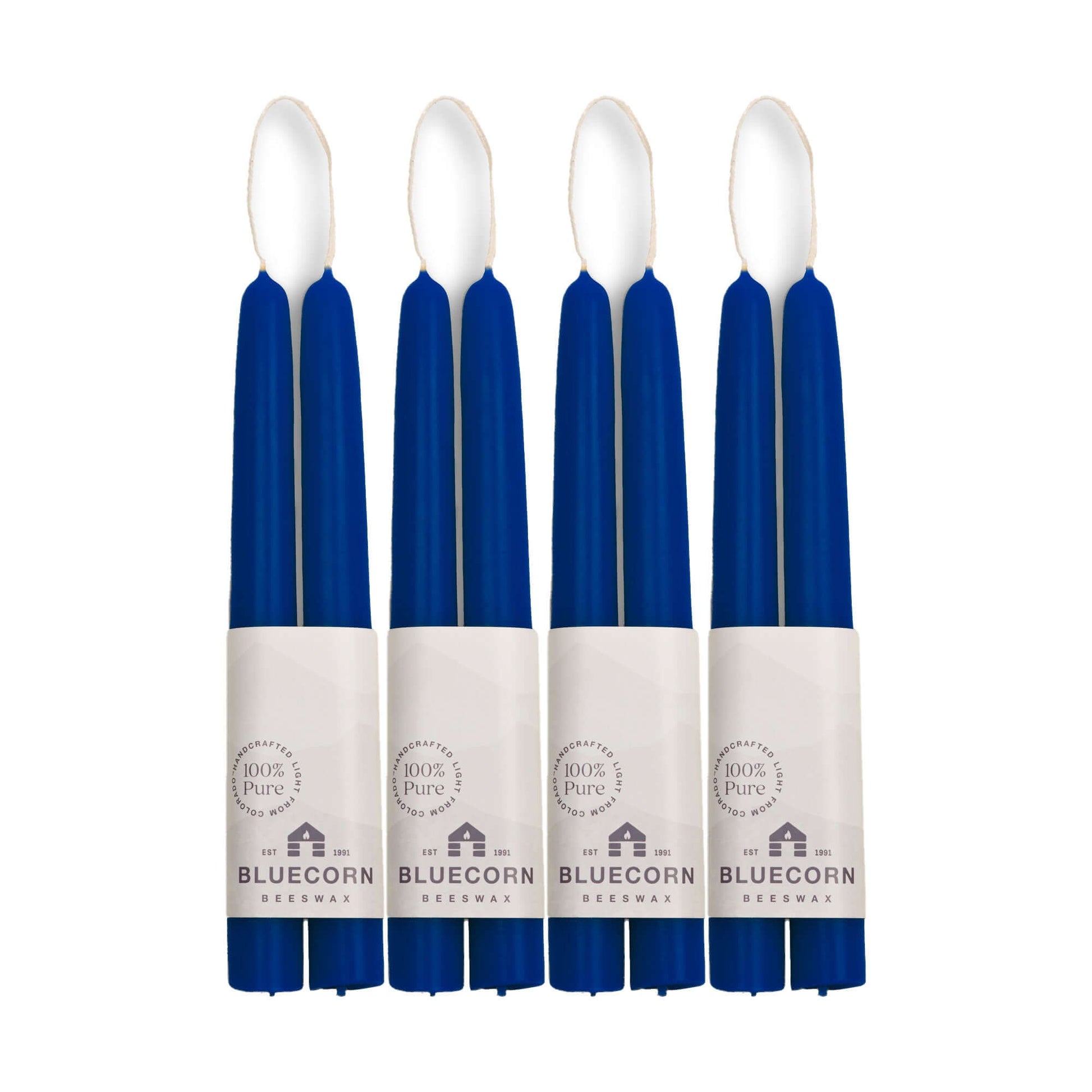 Set of eight blue candles with Bluecorn branding on a white background