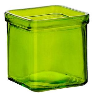 Green glass tea light candle holder with a square shape