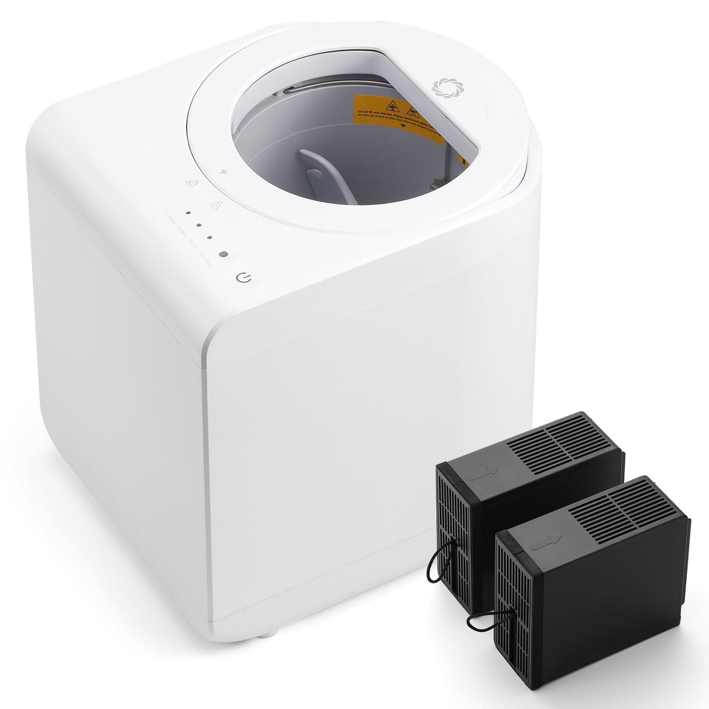 White Airthereal kitchen electronic compost bin with two black filters on a white background