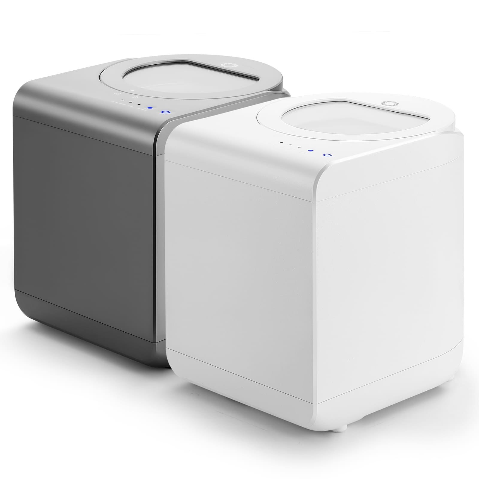 Airthereal R500 Electric Kitchen Composter, one gray and one white, on a white background