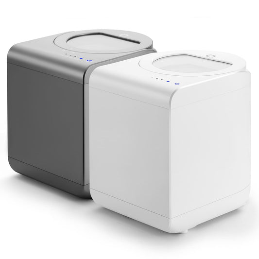 Airthereal R500 Electric Kitchen Composter, one gray and one white, on a white background