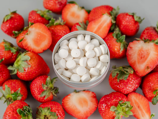 Tin of J&L Naturals Toothpaste Tablets strawberry flavor