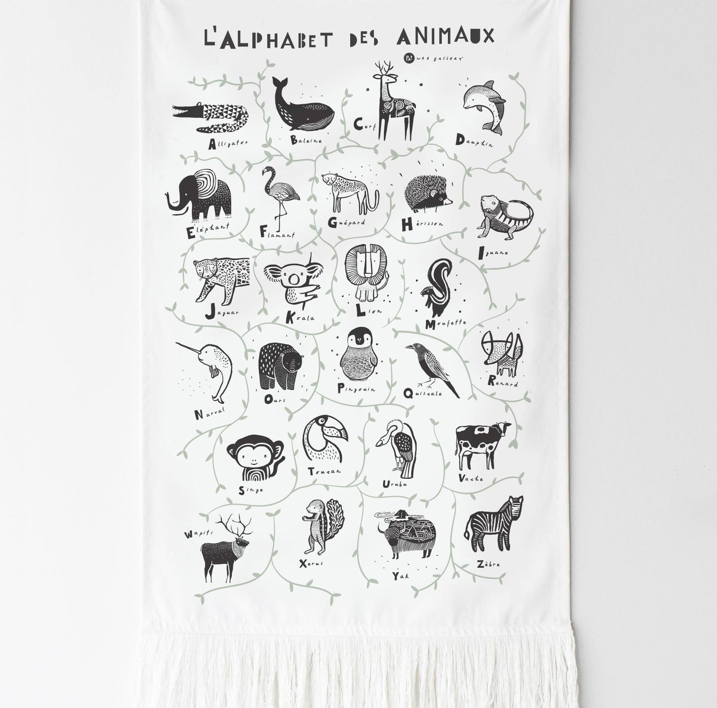 Animal Alphabet French Printed Tapestry Nursery Wall Art