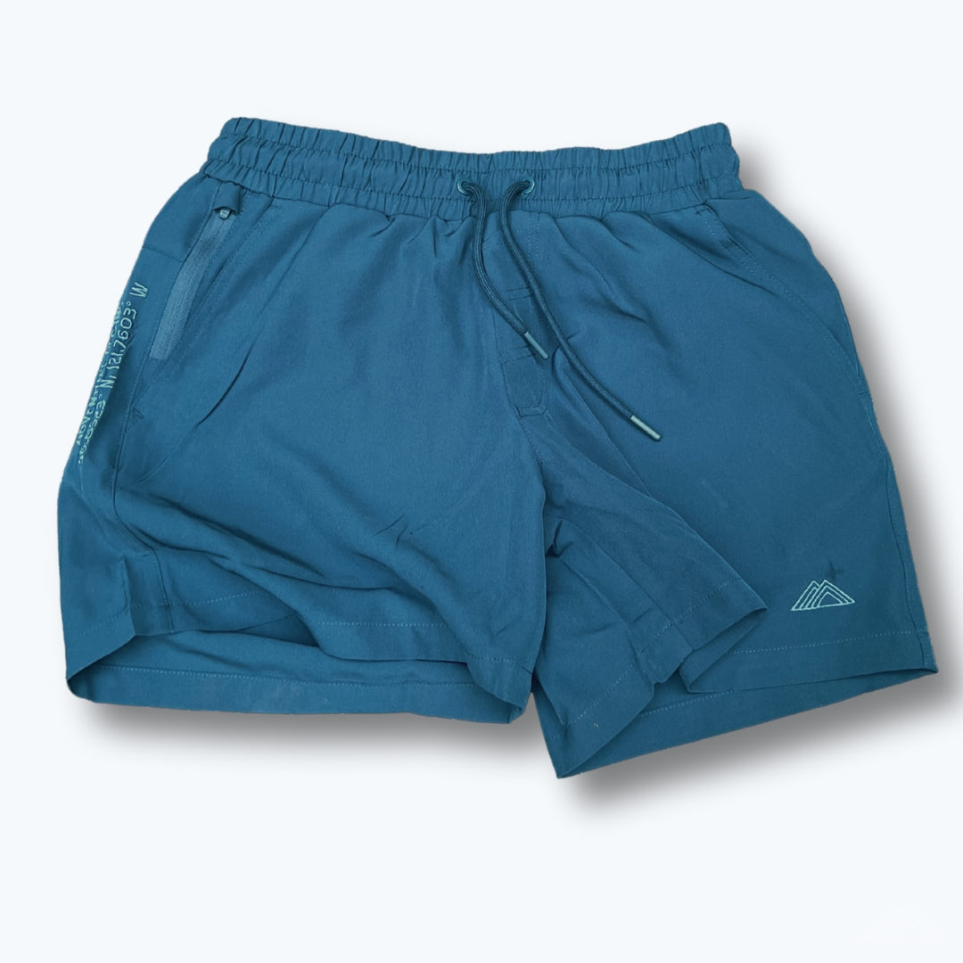 Athletic 5 Inch Recycled Shorts in Cascade Blue by Rainier Watch with a drawstring on a white background