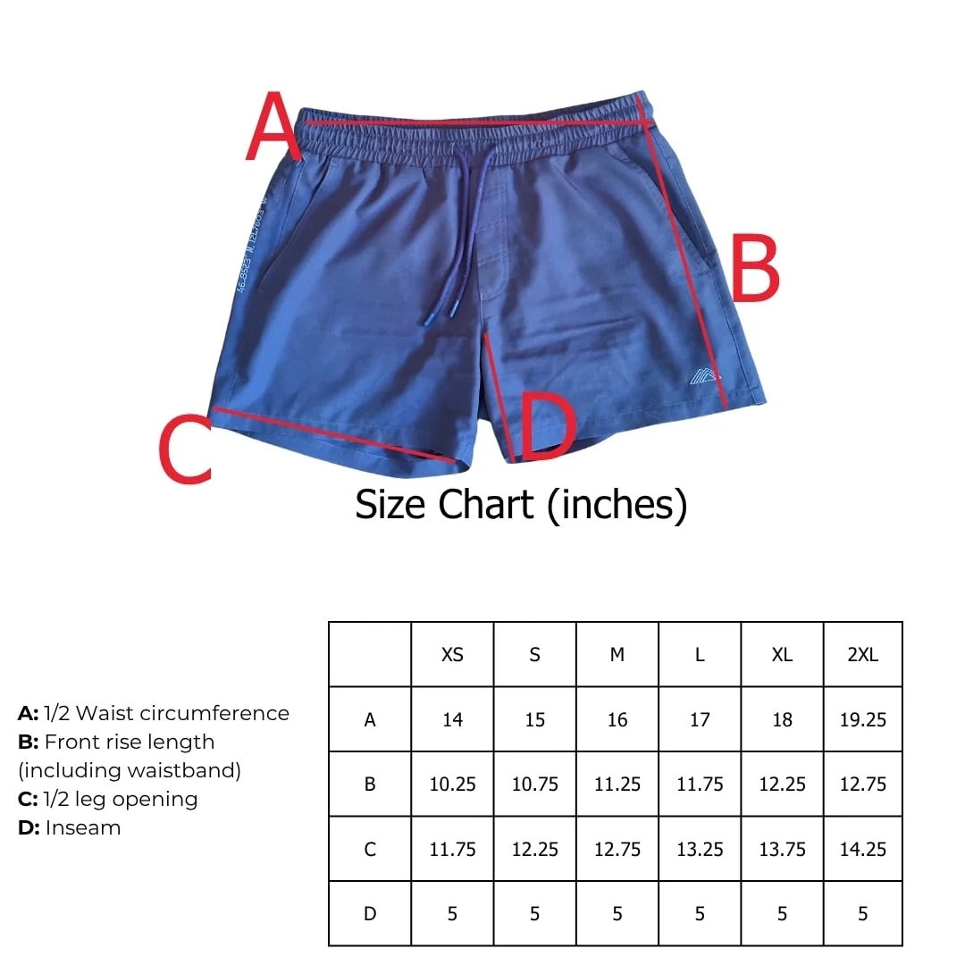 Size chart for Athletic 5 Inch Recycled Shorts by Rainier Watch on a white background