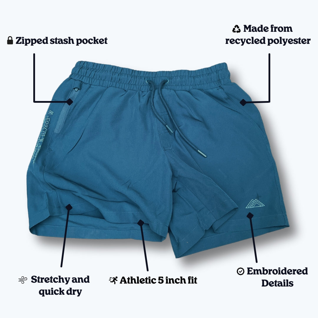 Specifications for Athletic 5 Inch Recycled Shorts in Cascade Blue by Rainier Watch on a white background