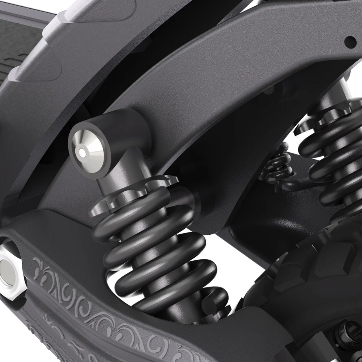 Close-up of the suspension system on an AUSUM F1 Max electric scooter