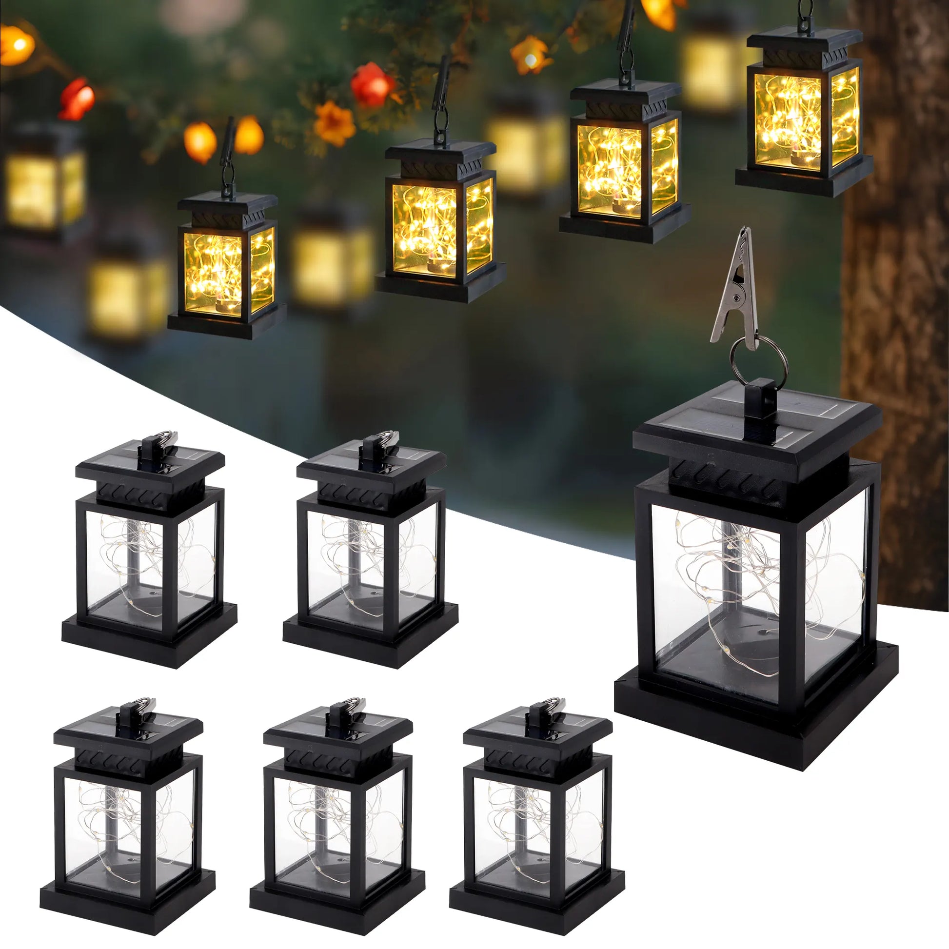 Set of black lanterns with solar lights on a white background