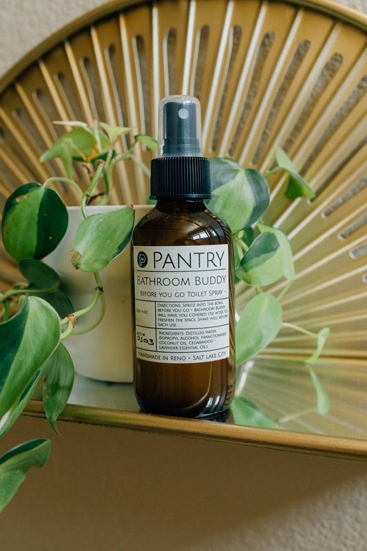 Pantry Bathroom Buddy for use in toilets Before You Go in an amber glass bottle labeled 'Pantry' with a fine mist spray nozzle on a surface with green leaves and a decorative mirror in the background.