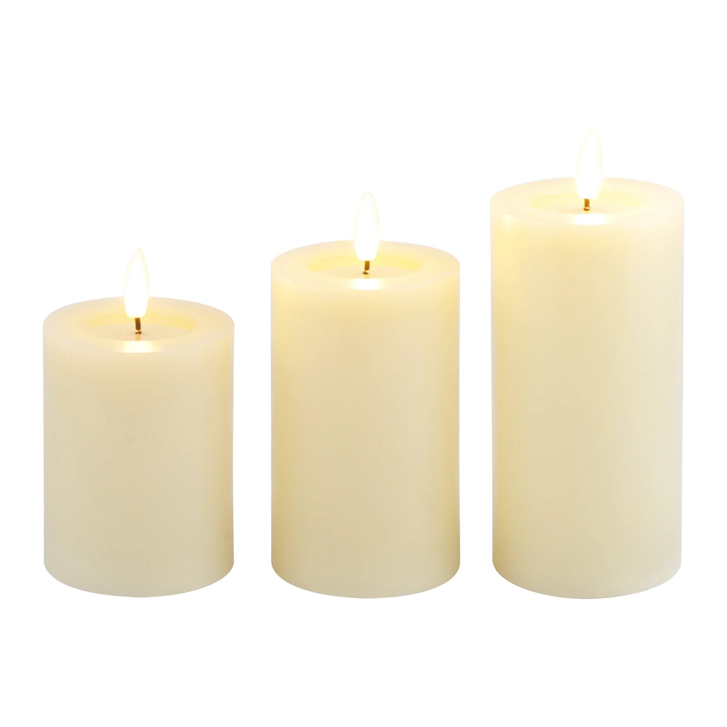 Three white flameless LED candles of different sizes on a white background