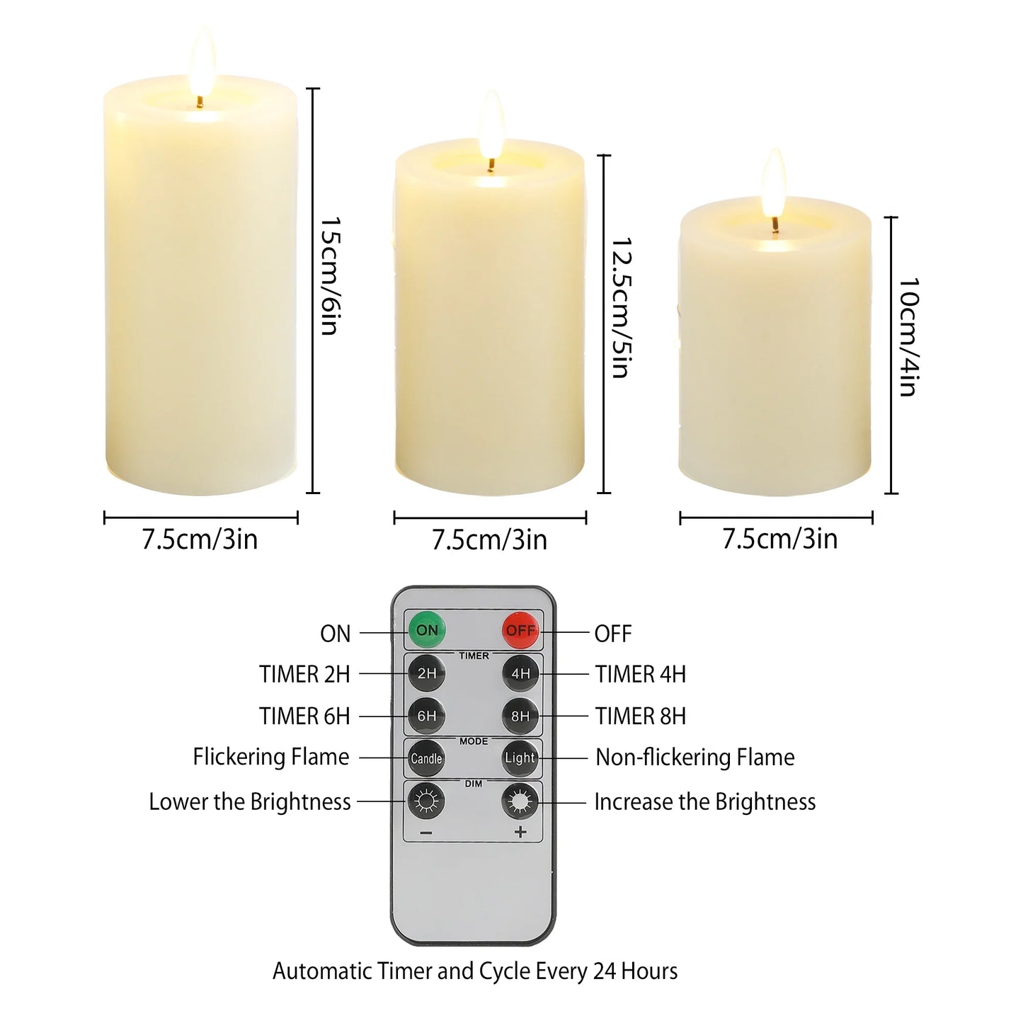 Three candle sizes with dimensions and a remote control with flame and timer settings on a white background.